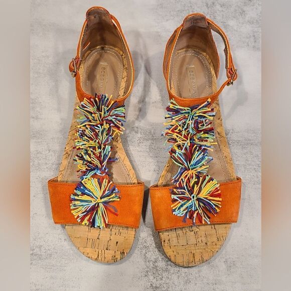BCBGMaxAzria Orange Suede with Colorful Pom Pom Detail.Sandals, Cork Outsole | 9 - Picture 3 of 10